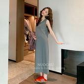 灰色背心连衣裙纯棉弹性显瘦长裙 春装 诺初孕妇装 显白格子衬衫