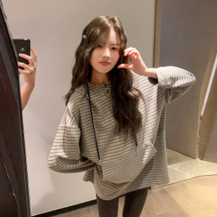 中长款 打底衫 孕妇宽松条纹慵懒风连帽卫衣女春秋款 上衣 诺初