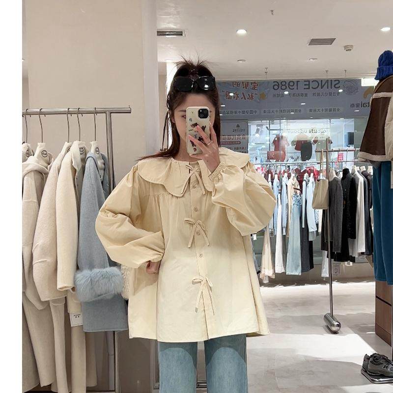 ◆诺初孕妇装◆春装2026新款时尚娃娃领上衣长袖衬衫女纯色花瓣领