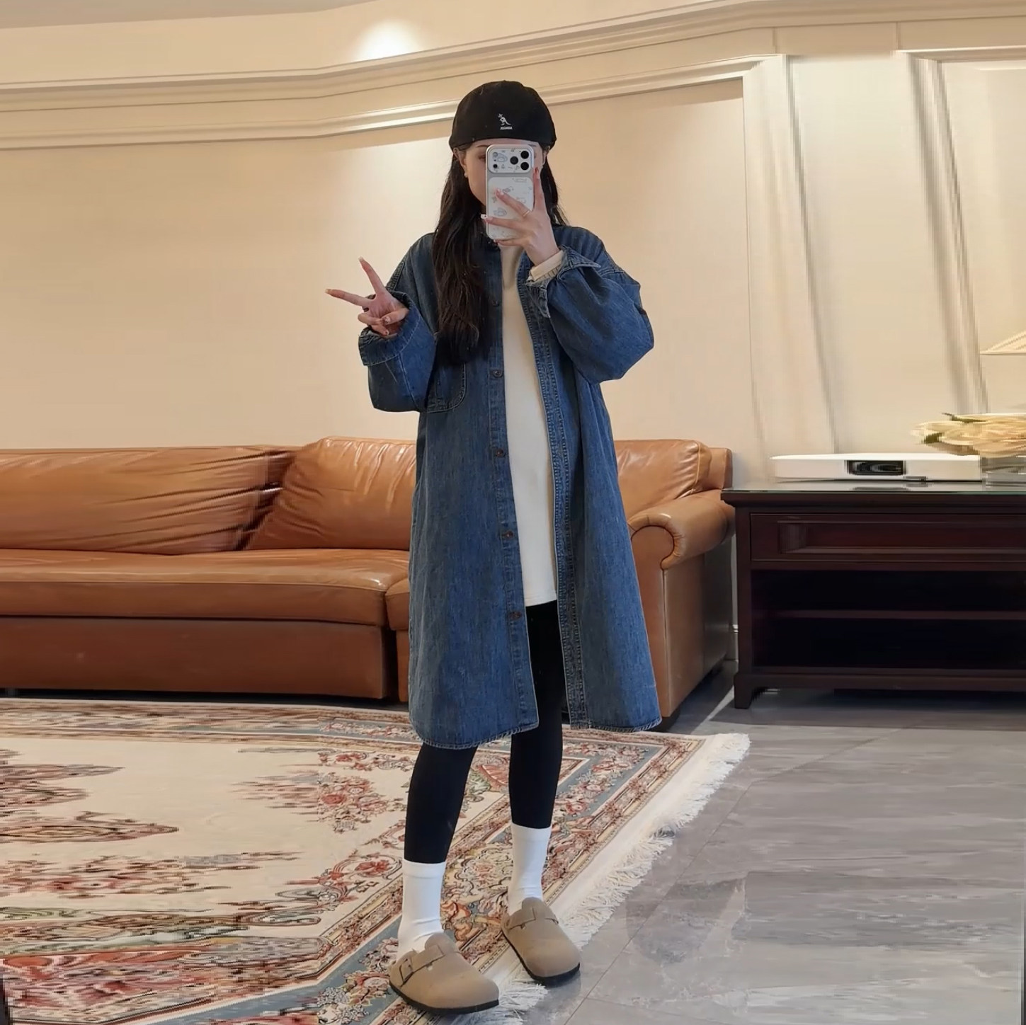 复古牛仔宽松中长款衬衫孕妇