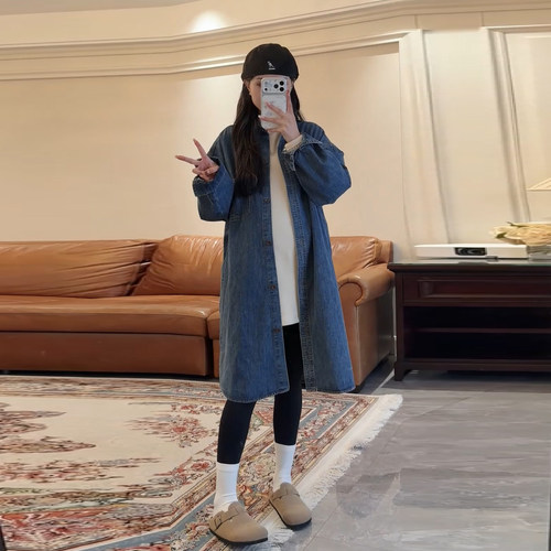 复古牛仔宽松中长款衬衫孕妇