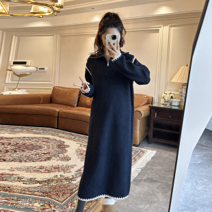 孕妇裙子秋冬连衣裙宽松加厚翻领半拉链针织长裙毛衣裙 诺初
