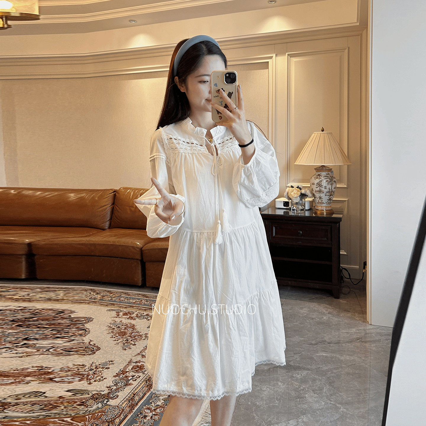 ◆诺初◆韩系蕾丝孕妇白色连衣裙春秋宽松显瘦遮肚外出中长款裙子