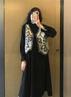 钩花~孕妇春秋时尚套装哺乳长裙马甲宽松娃娃裙连衣裙两件套辣妈