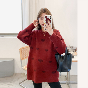 新年红孕妇复古爱心提花毛衣秋冬款加厚韩系慵懒风宽松针织衫外套