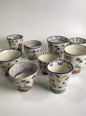 日本手作器 土屋麻里 陶瓷茶杯家用釉下彩花卉酒杯手握杯咖啡杯