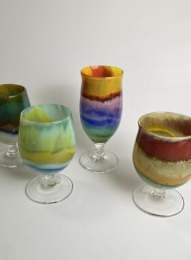现货日本手作器 斋藤裕史 复古彩色玻璃洋酒杯鸡尾酒杯高脚杯装饰
