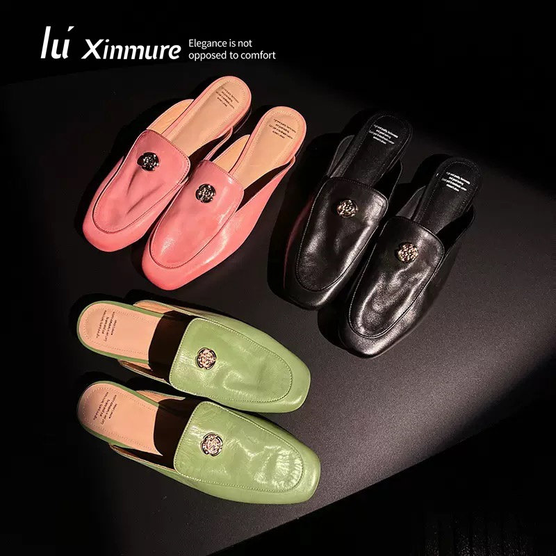 Lu' Xinmure 意大利头层牛皮 春夏季季低跟包头拖鞋 外穿时装绿色