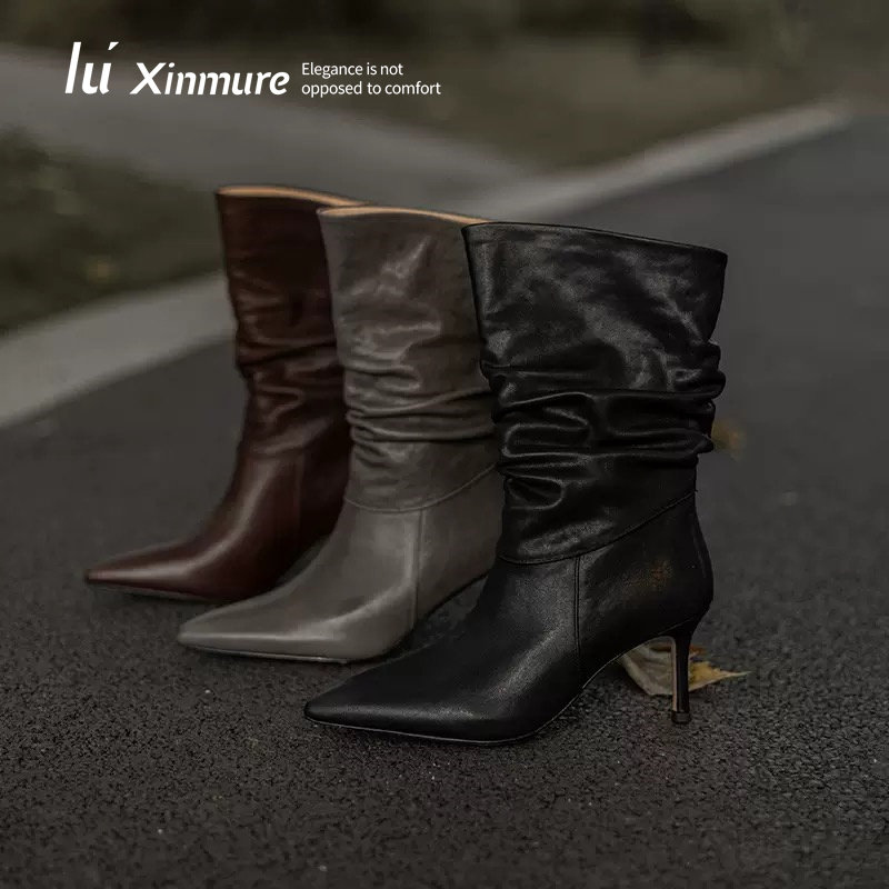 Lu' Xinmure 意大利水洗马皮 新款女靴尖头细跟高跟鞋复古堆堆靴