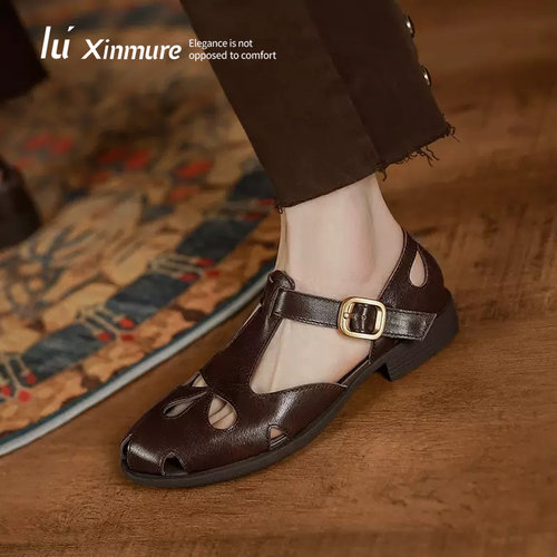 Lu' Xinmure 意大利牛皮夏季新款 圆头低跟罗马凉鞋女复古猪笼鞋