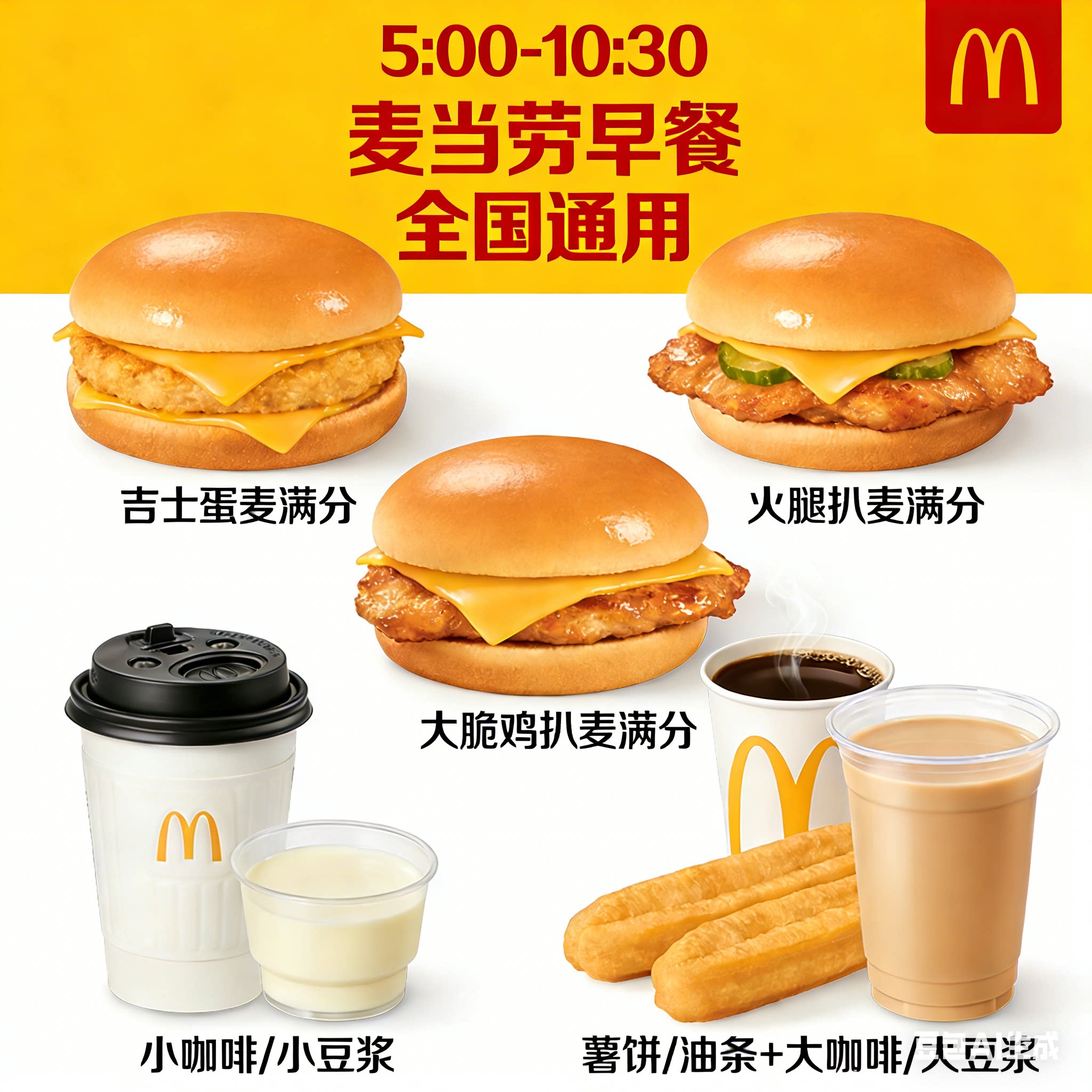 麦当劳早餐优惠券吉士蛋火腿扒大脆鸡扒金菠萝鸡扒麦满分薯饼油条
