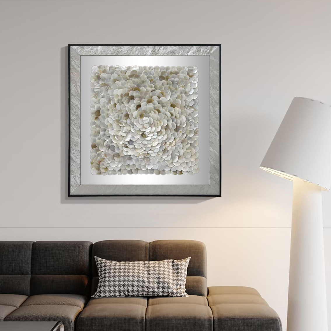 现代简约贝壳纹理装饰画方形镜面工艺画客厅卧室挂画