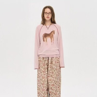 圆领宽松长袖 波尔小马手绘印花装 时尚 上衣2026新款 T恤 饰线插肩袖