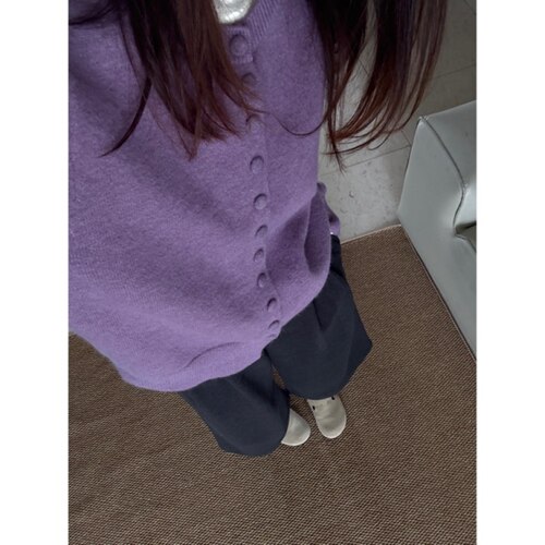 复古紫色羊绒女修身长袖针织开衫