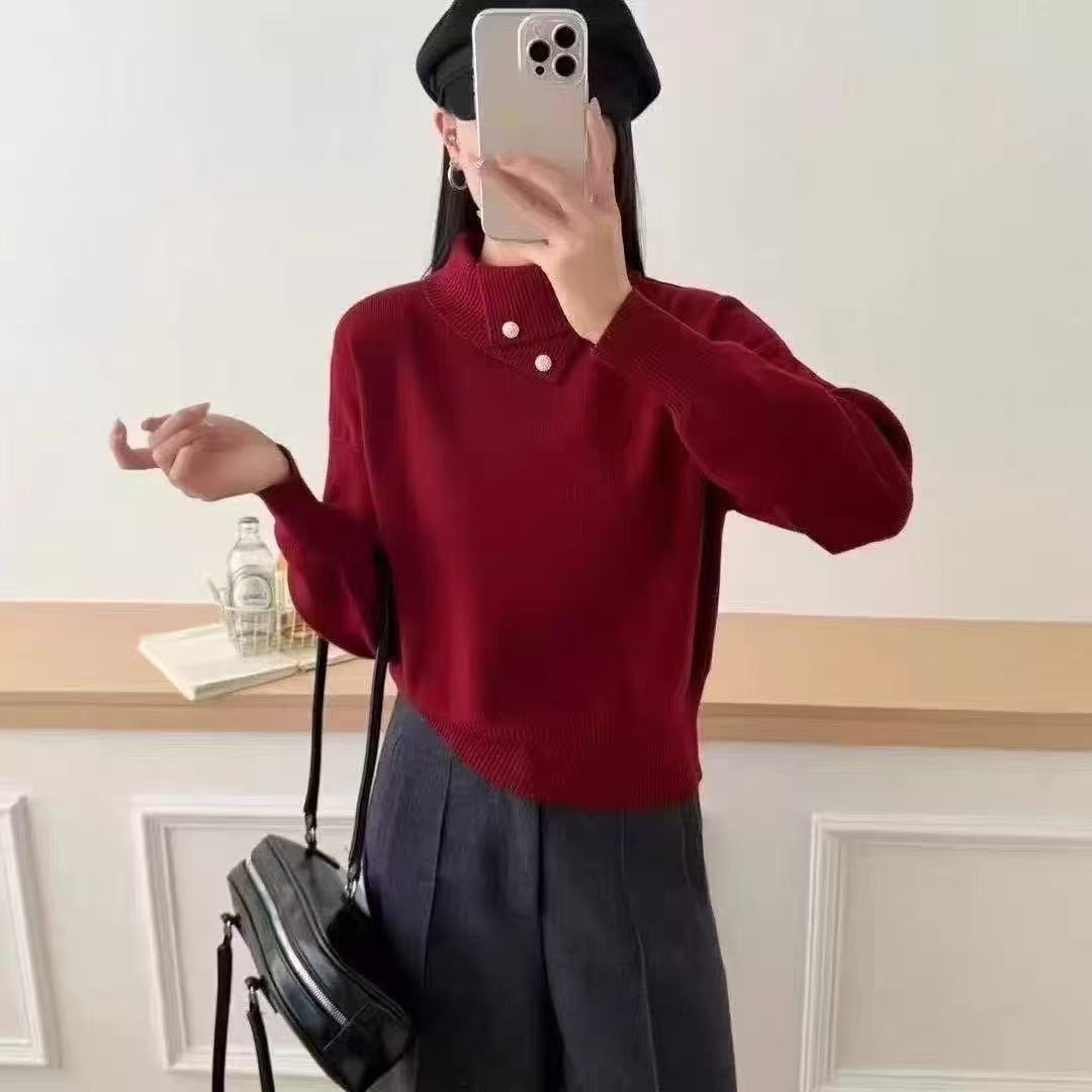 翻领套头红色显瘦百搭女针织衫