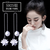 耳线女气质韩国冰花朵简约长款 纯银耳钉耳坠 珍珠吊坠耳环水晶个性