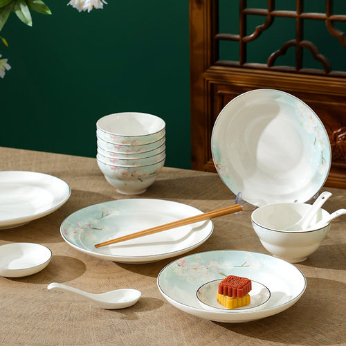 松发瓷器桃花缘中式家用陶瓷餐具碗盘碟组合清新简约金边餐具