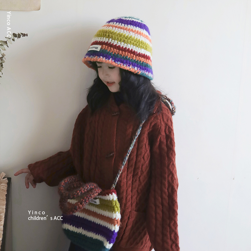 儿童秋冬季渔夫帽复古针织彩虹帽
