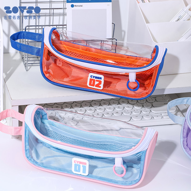 透明手提大容量文具袋收纳包初中高中生可视天窗口帆布空间站笔袋男生女生手提文具袋小清新铅笔袋