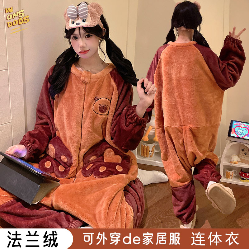 卡通秋冬法兰绒连体睡衣女童保暖儿童女孩大童亲子家居服防踢睡袋
