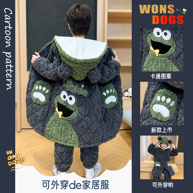 卡通儿童睡衣男童三层夹棉冬季男孩加厚珊瑚法兰绒家居服睡袍套装