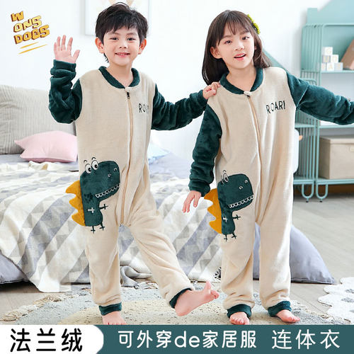 卡通恐龙儿童连体睡衣男童女孩法兰绒睡袋秋冬保暖宝宝防踢家居服