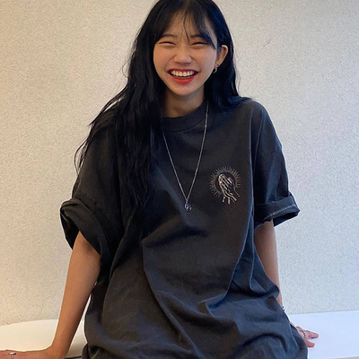 夏季2026新款欧美复古短袖t恤女纯棉美式高街宽松灰色正肩上衣潮