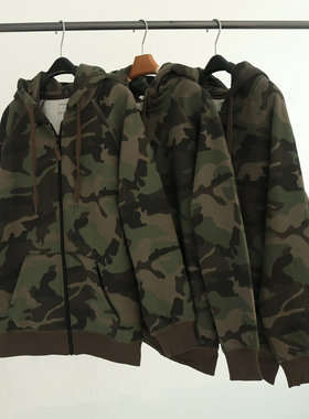 男士迷彩加绒连帽外套秋冬宽松加肥大码休闲外套百搭长袖开衫上衣