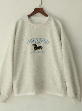 灰色圆领宽松套头美式字母刺绣假2件彩点卫衣女春秋拼接套头上衣