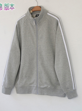 2025新款春秋毛圈棉拉链开衫卫衣男女情侣BF风浅灰色三条杠外套潮