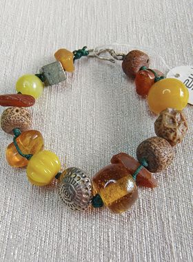 黄色招财银制罗盘中式复古多宝手链原创蜜蜡原石复古尼泊尔手串