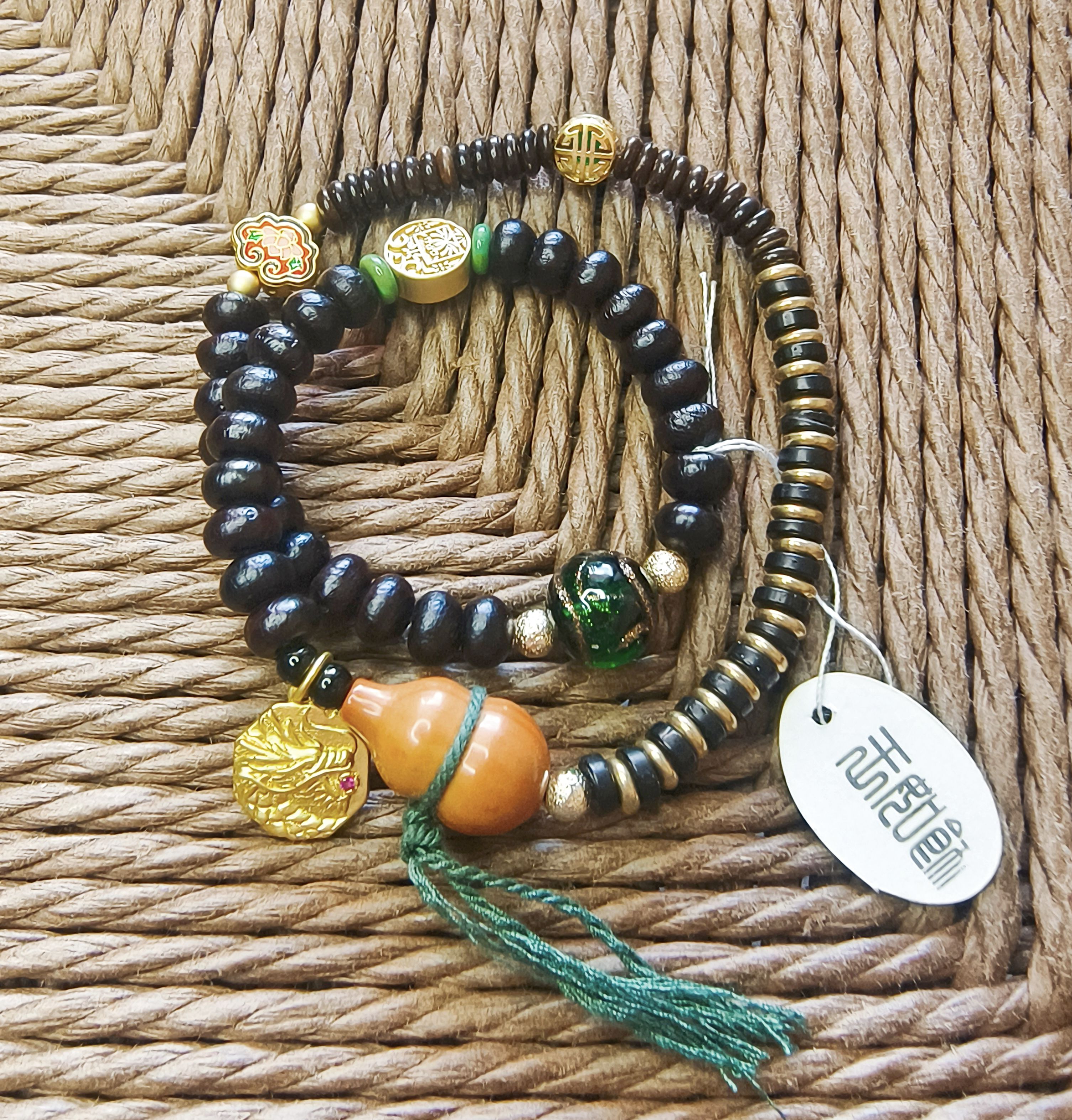 新款紫金钵盂菩提文玩手串吉祥如意福禄葫芦古法金琉璃珠双圈手串