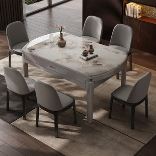 微晶石轻奢实木可伸缩摺叠方圆俩用小户型家用大理石餐桌椅组合