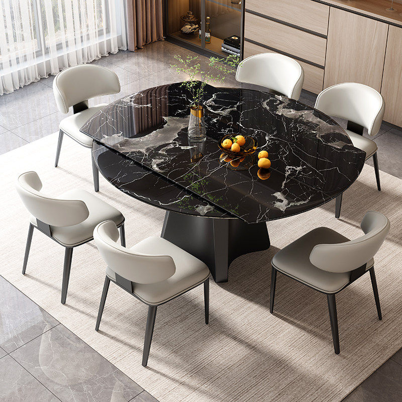 意式轻奢天然大理石伸缩餐桌小户型方圆两用家用微晶石餐桌椅组合