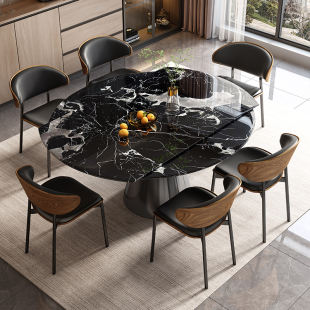 意式轻奢大理石餐桌椅组合旋转伸缩方圆俩用小户型微晶石家用饭桌