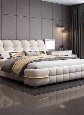 沐晨轻奢高端头层牛皮真皮床主卧豪华双人软包2m现代简约大床婚床