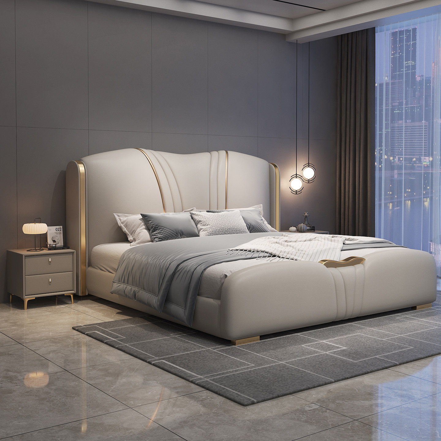 沐晨轻奢头层牛皮真皮床现代简约主卧双人高端落地储物婚床软包床