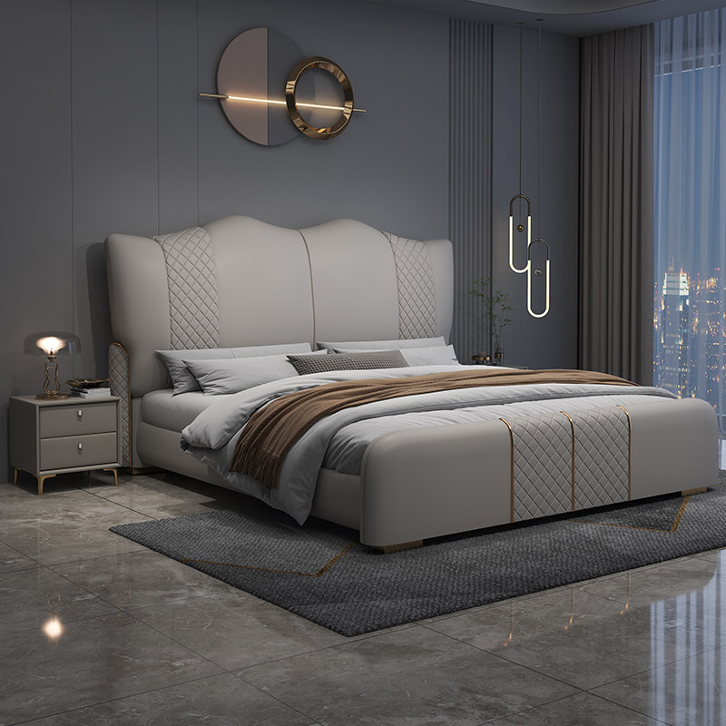 沐晨轻奢头层牛皮真皮床现代简约双人主卧1.8米高端大气软靠大床