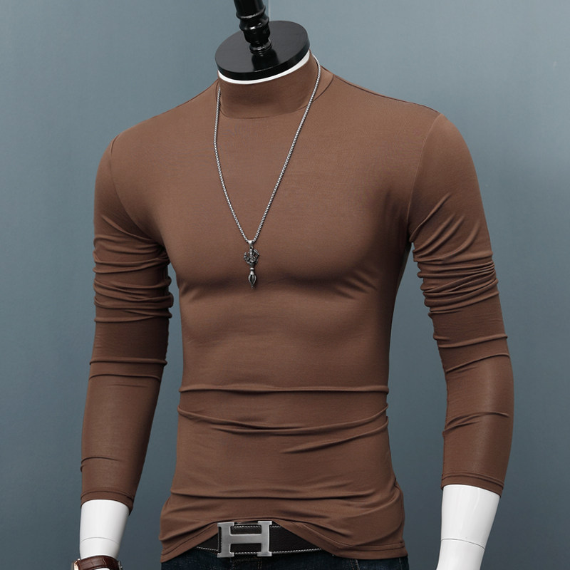 半高领打底衫男士薄款秋冬上衣修身莫代尔秋衣纯色青年打底体恤衫