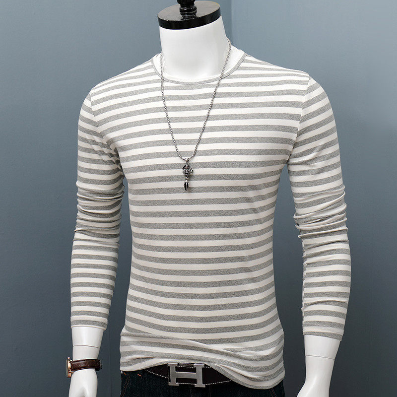 秋冬季纯棉圆领条纹长袖T恤衫男装上衣韩版修身加大码打底体恤衫