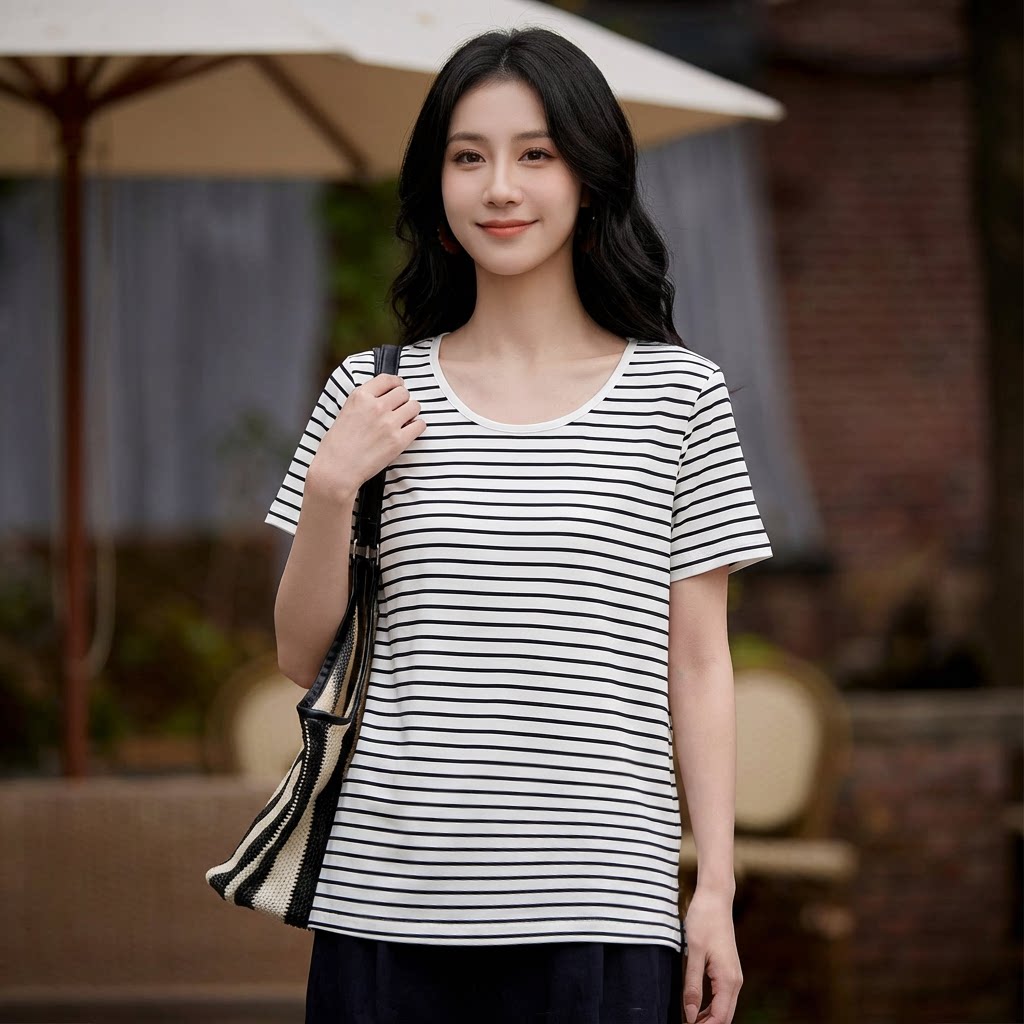 减龄百搭海军风蓝白条 精梳棉圆领条纹短袖T恤女上衣2025夏新款 - 实物图