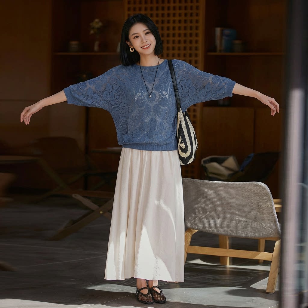 清仓 朦胧不透 五分袖镂空钩花宽松针织衫女套头慵懒风春夏新款女
