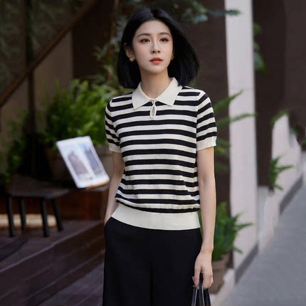 一粒扣小翻领短袖真丝+绵羊毛撞色条纹套头针织衫2025春夏女新款