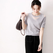 四色入高贵气质含闪葱亮丝减龄百搭局部隐透设计短袖 针织衫 上衣女