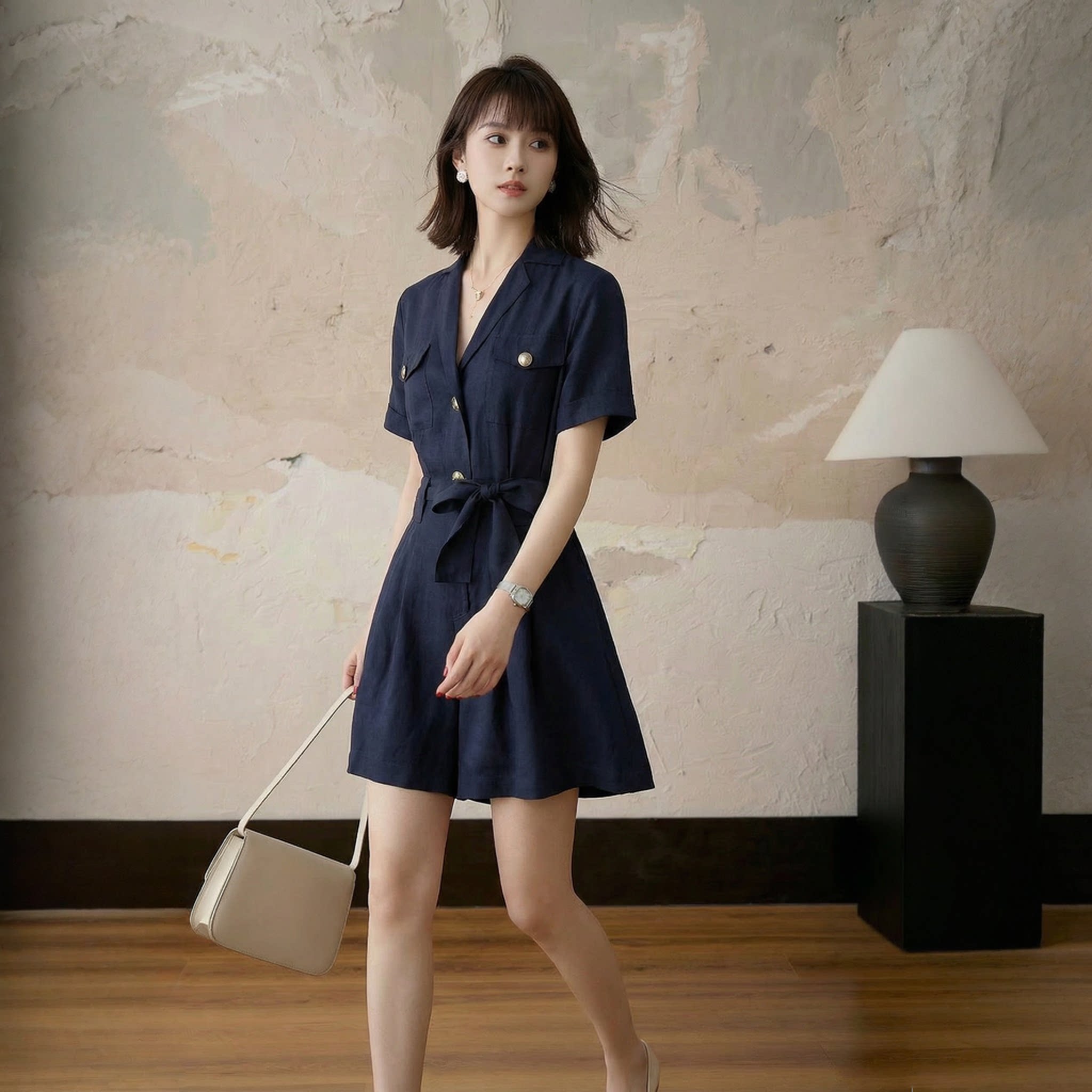法式牛仔天丝连衣裤 高级感连身工装裤2025夏连体短裤百搭藏青色