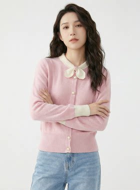 软糯全羊毛 小蝴蝶结领结装饰单排扣圆领长袖针织套头毛衣女秋冬