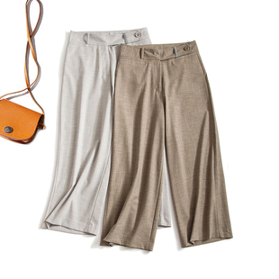 女七分阔腿裤 宽松薄款 客供亚麻高腰休闲裤 别致撞色格纹腰袢设计
