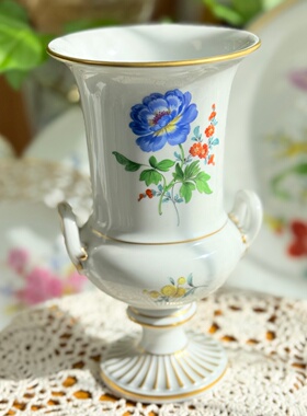 中古瓷器收藏德国Meissen梅森蓝毛茛(洋牡丹)手绘高足花瓶高20cm