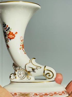 现货德国梅森meissen中古柿右卫门小桌图案号角型手绘花瓶摆件1等