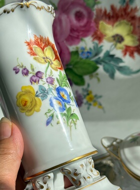 欧洲中古瓷器收藏德国meissen黄玫瑰多花花簇兽足直筒型花瓶1等